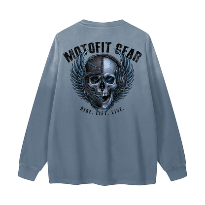 premium long sleeve t-shirt,Gradient Washed Long Sleeve,washed tees,gym long sleeve shirt,skull graphic shirts,Motofit Gear tops,biker long sleeve shirts,biker men tees,biker chick tees,gym shirts
