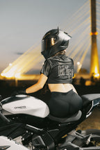 Biker Girl Cropped Paneled V-Neck Jersey Navy